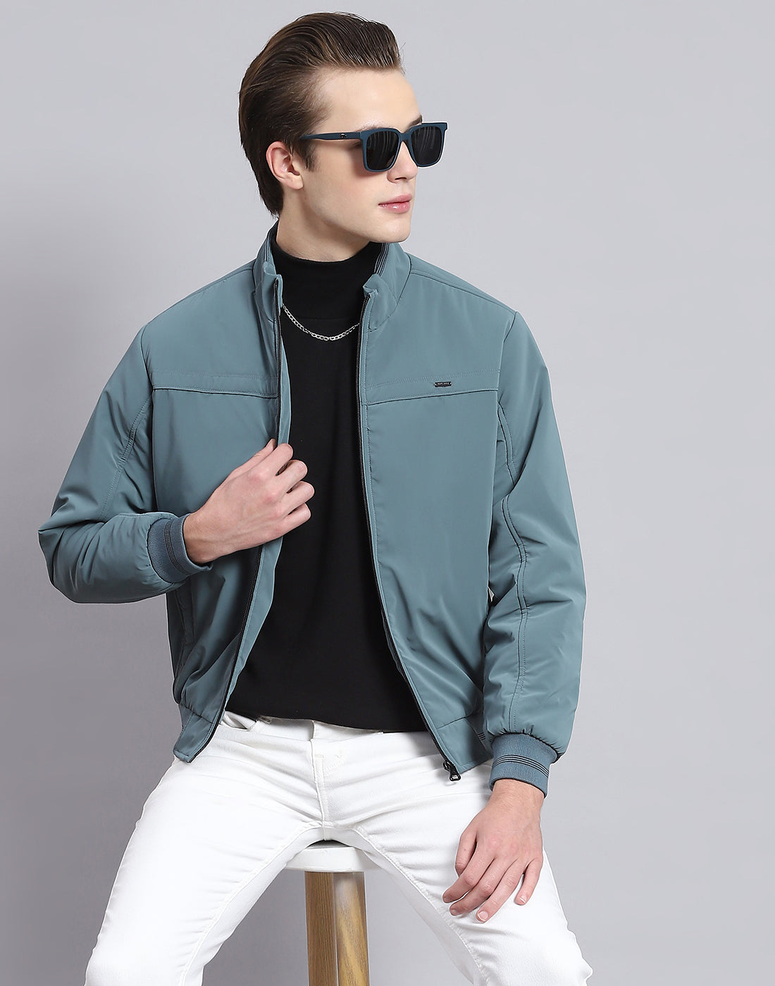 Men Teal Blue Solid Stand Collar Full Sleeve Jacket