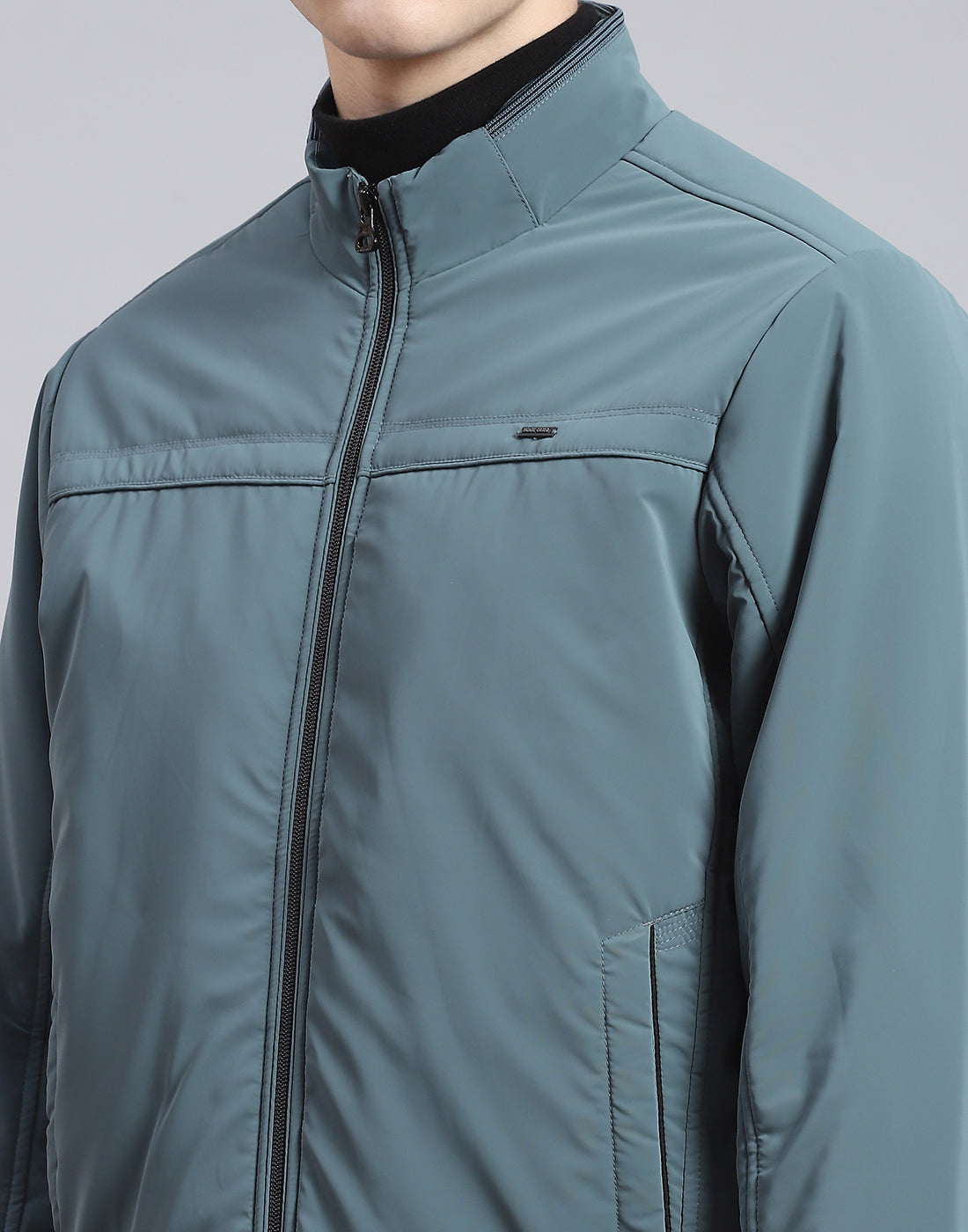 Men Teal Blue Solid Stand Collar Full Sleeve Jacket