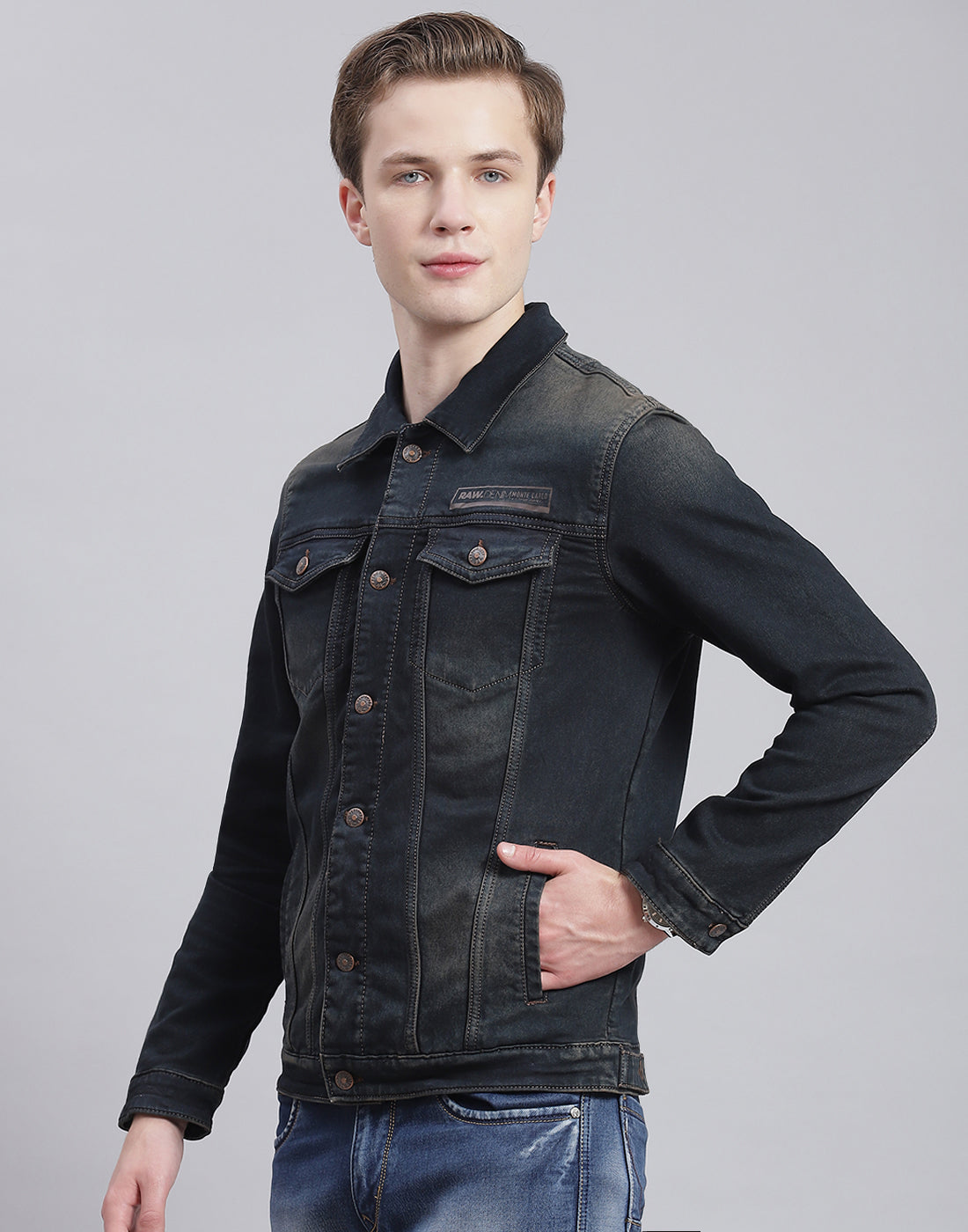 Men Blue Solid Collar Full Sleeve Jacket