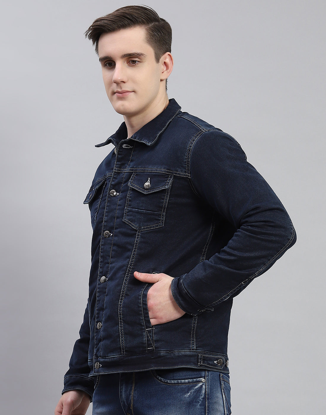 Men Navy Blue Solid Collar Full Sleeve Jacket