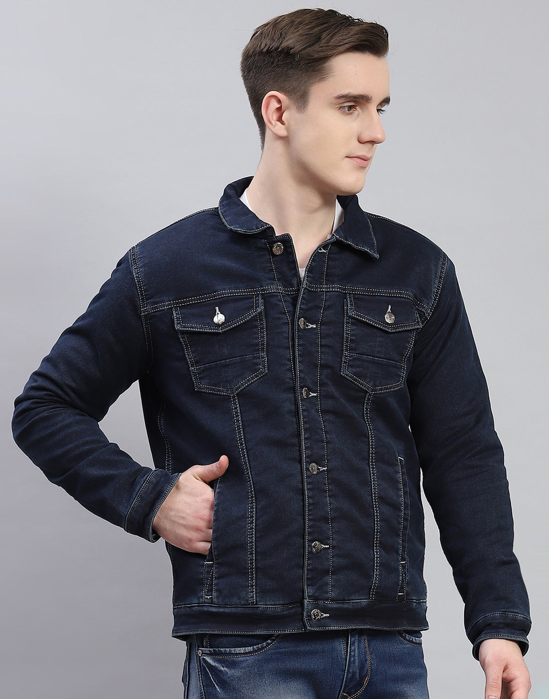 Men Navy Blue Solid Collar Full Sleeve Jacket