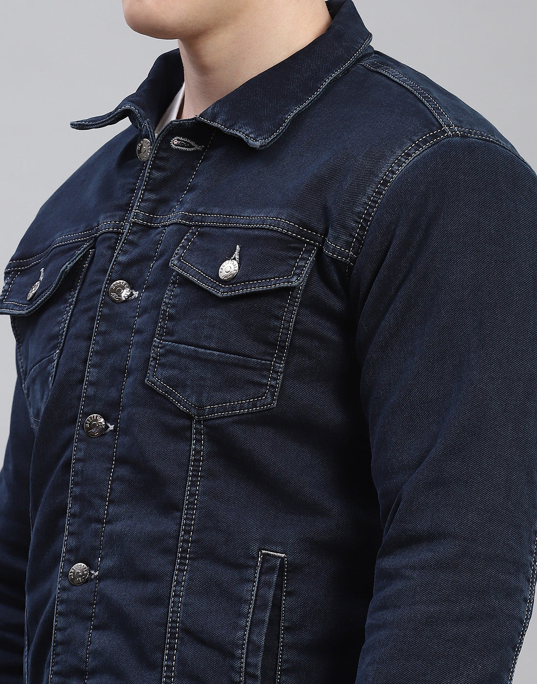 Men Navy Blue Solid Collar Full Sleeve Jacket