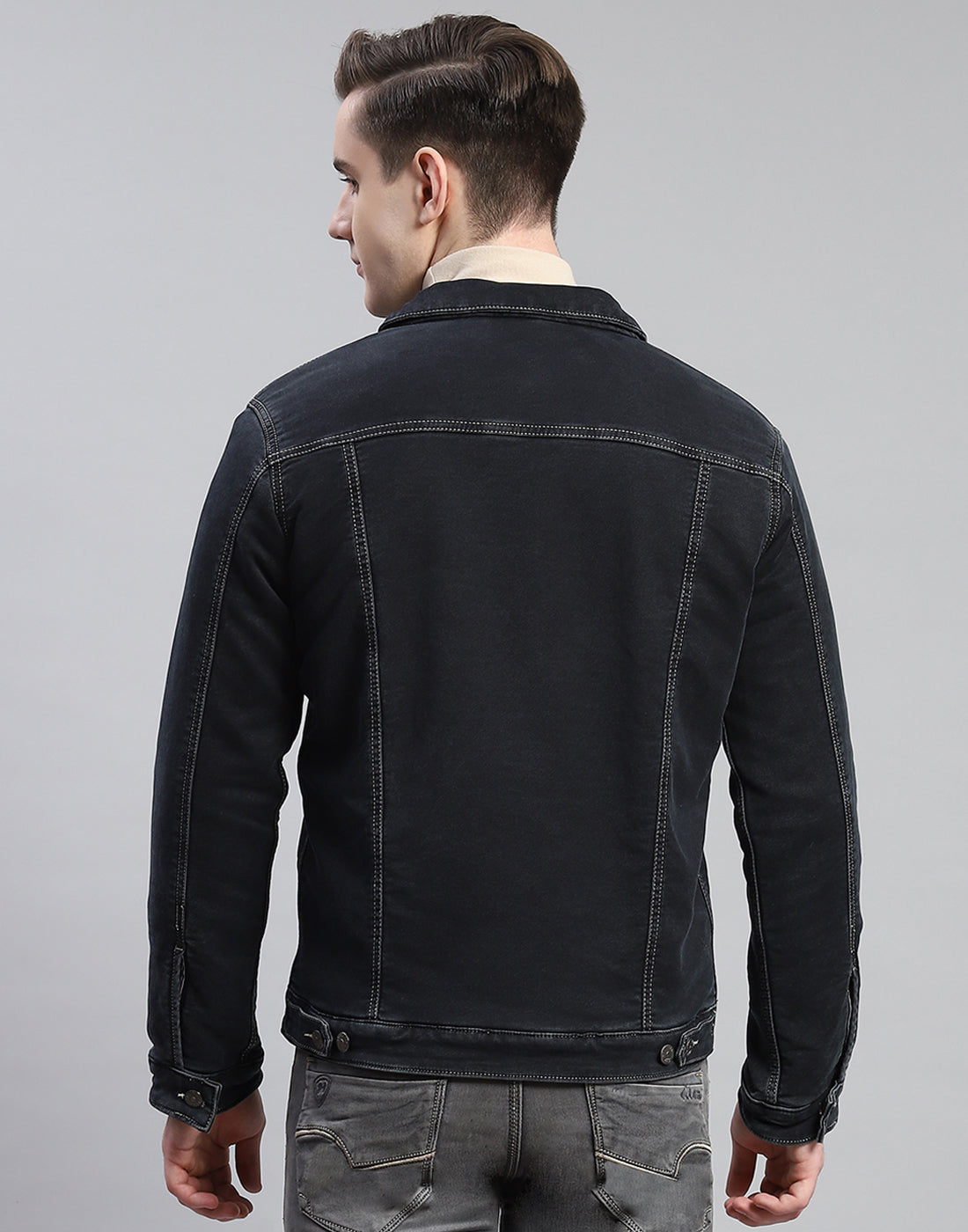 Men Grey Solid Collar Full Sleeve Jacket