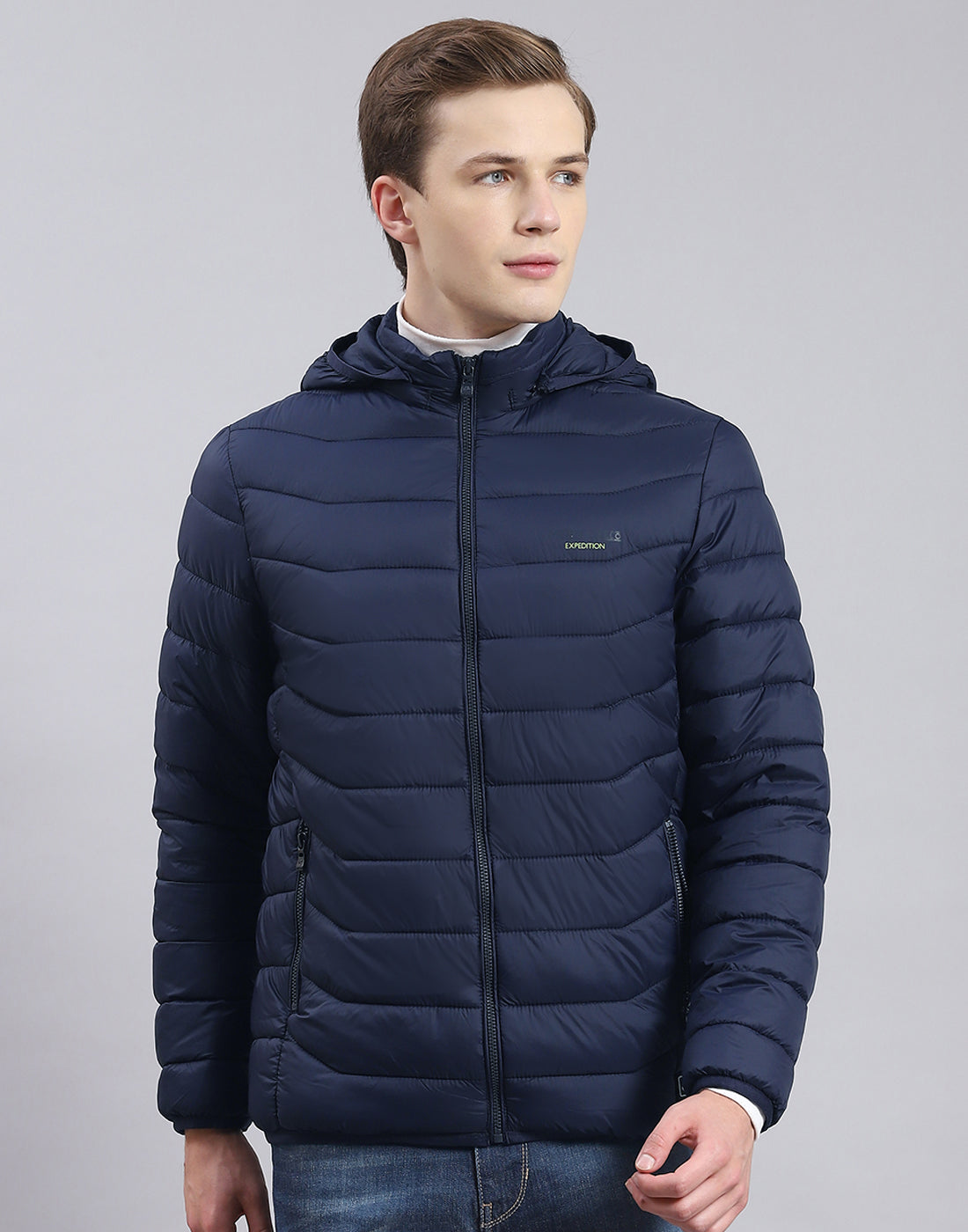 Men Navy Blue Solid Hooded Full Sleeve Heating Jacket
