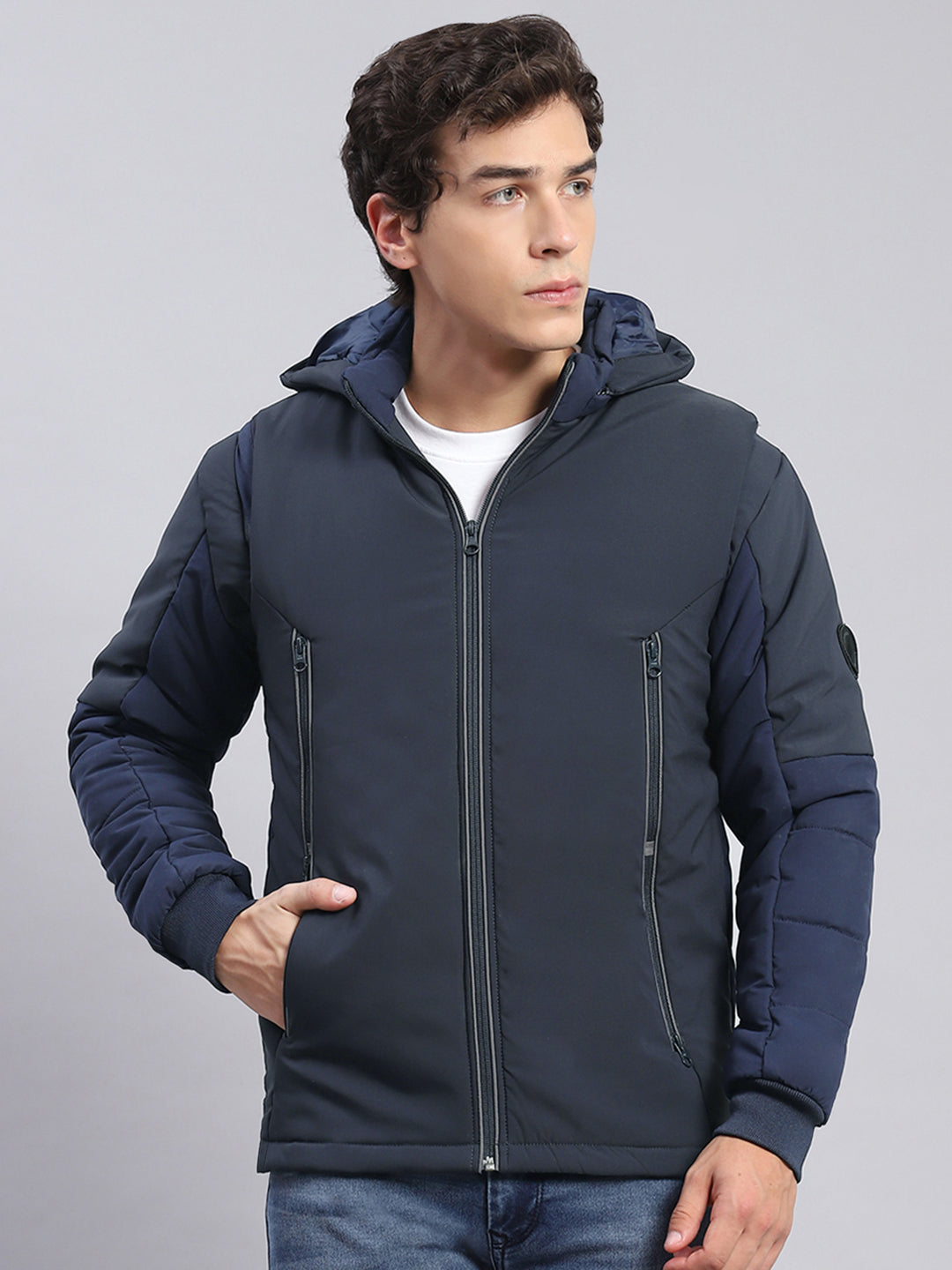 Men Navy Blue Solid Hooded Full Sleeve Jackets