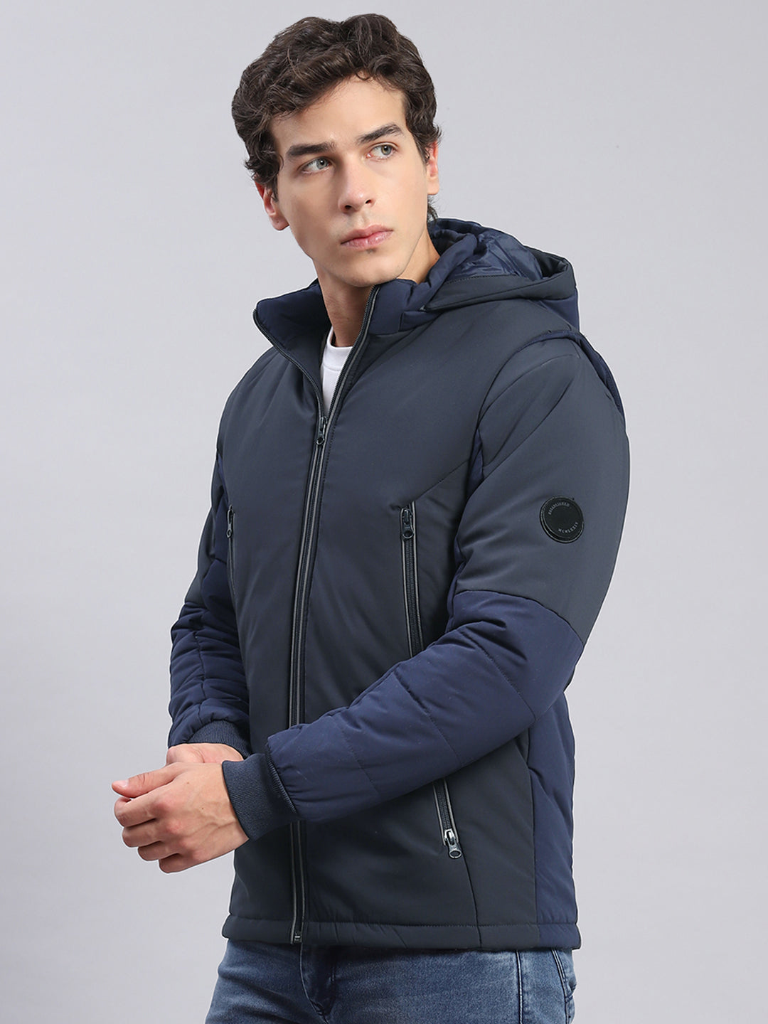 Men Navy Blue Solid Hooded Full Sleeve Jackets