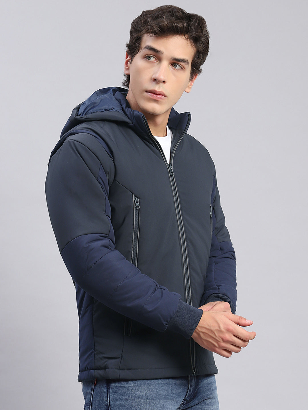 Men Navy Blue Solid Hooded Full Sleeve Jackets