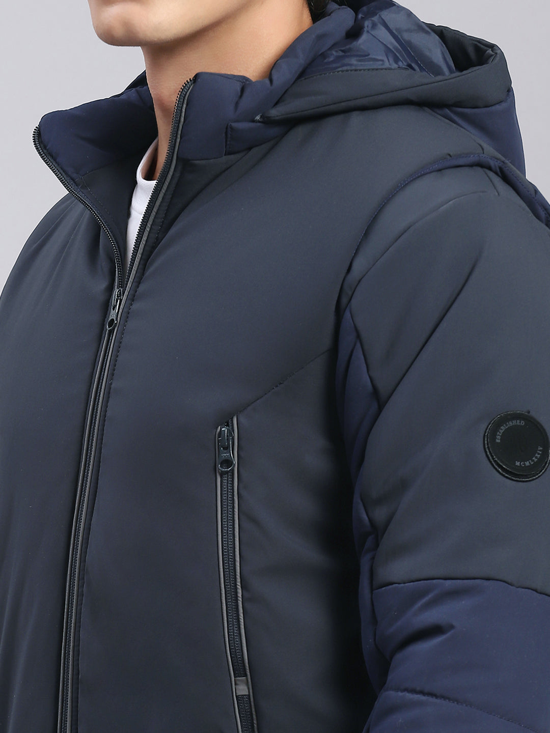 Men Navy Blue Solid Hooded Full Sleeve Jackets