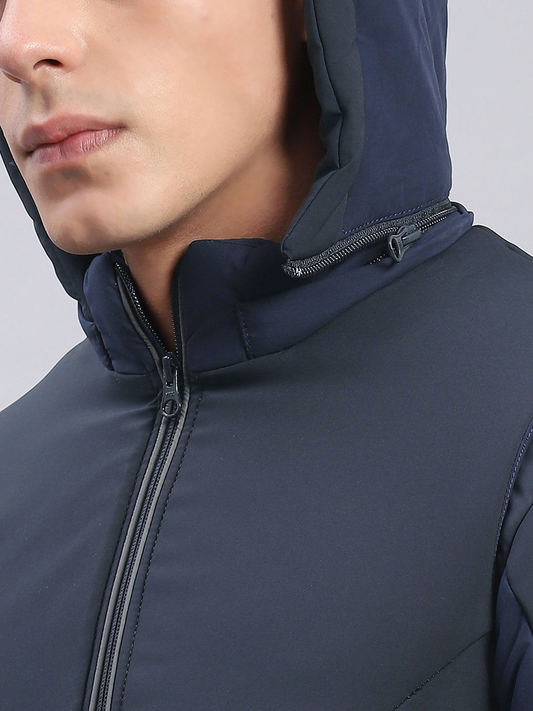 Men Navy Blue Solid Hooded Full Sleeve Jackets
