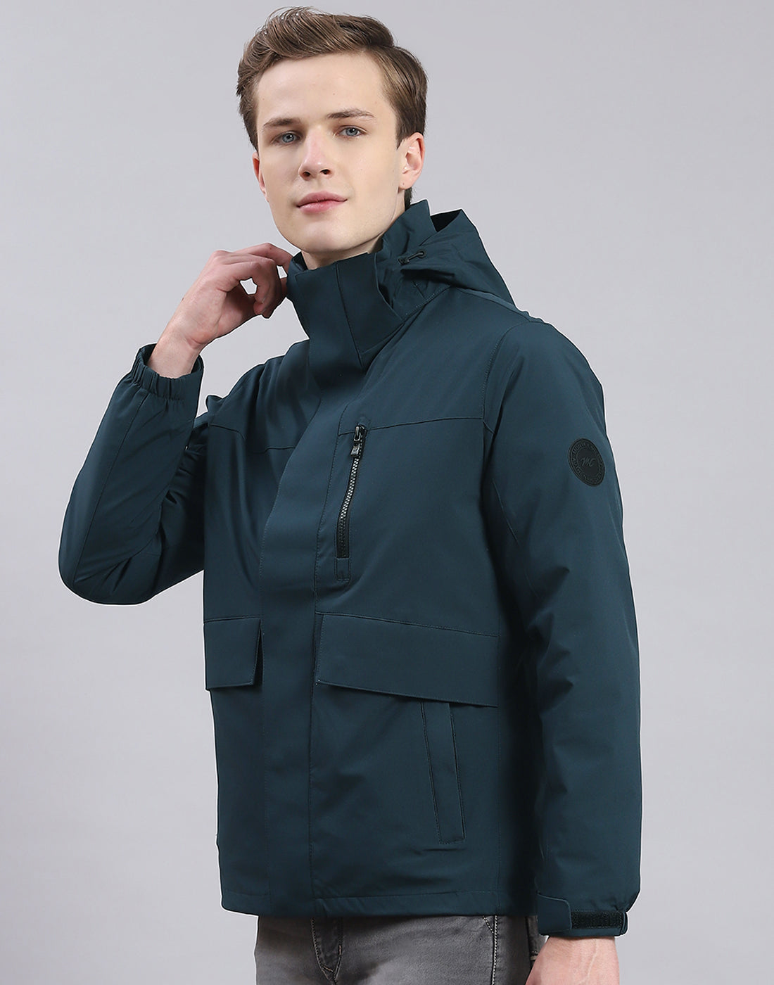 Men Teal Blue Solid Hooded Full Sleeve Jacket