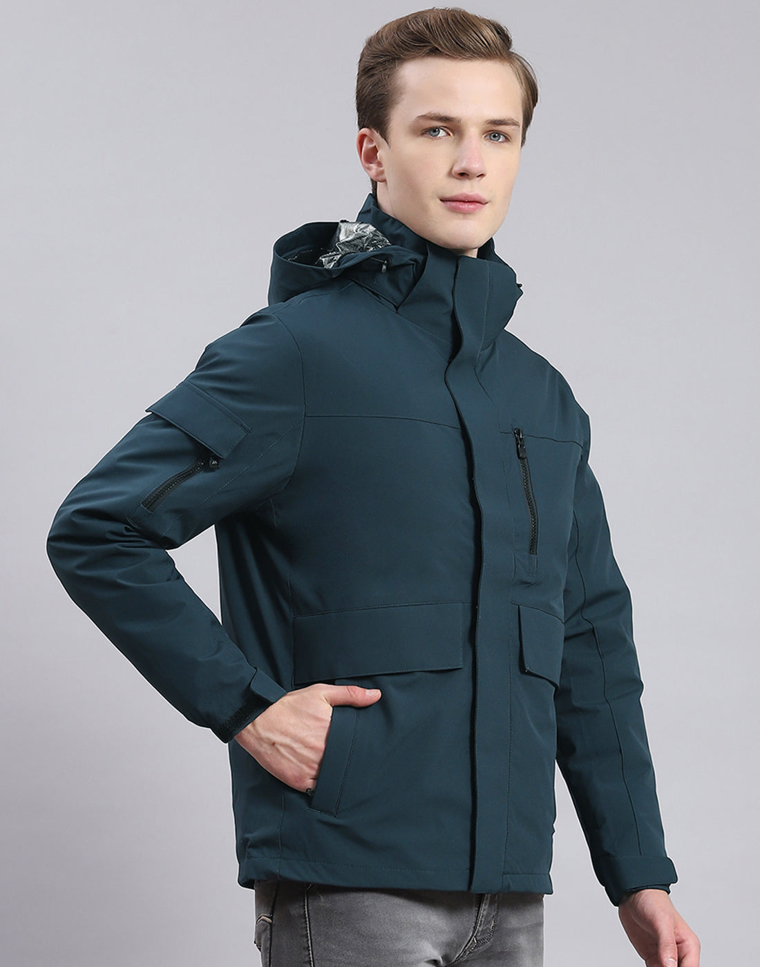 Men Teal Blue Solid Hooded Full Sleeve Jacket