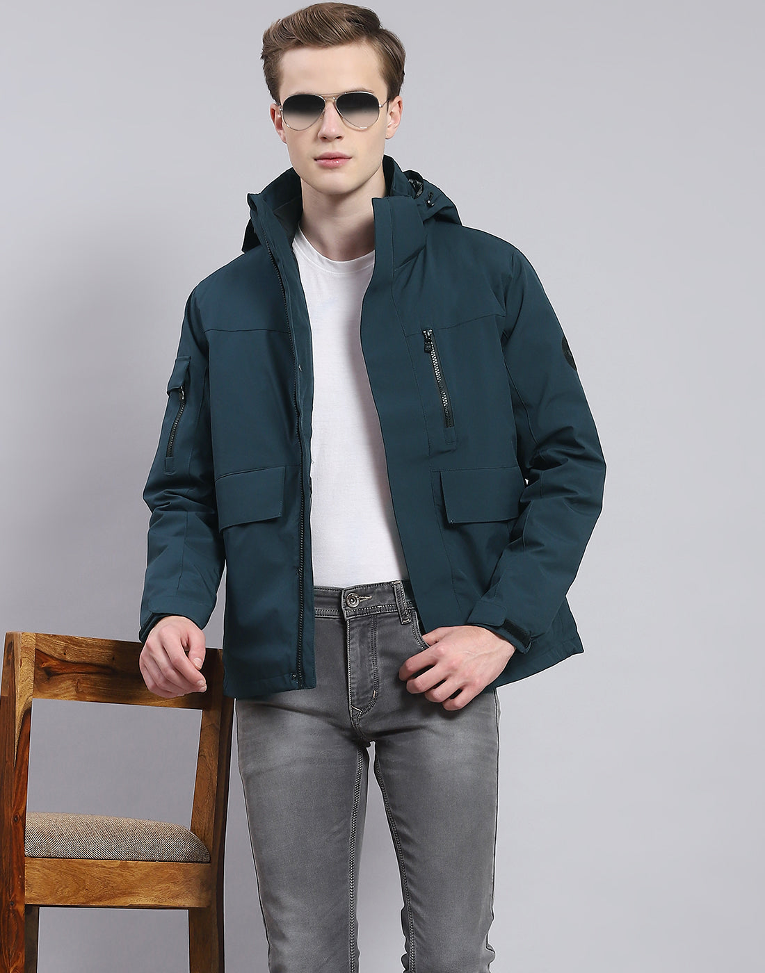 Men Teal Blue Solid Hooded Full Sleeve Jacket