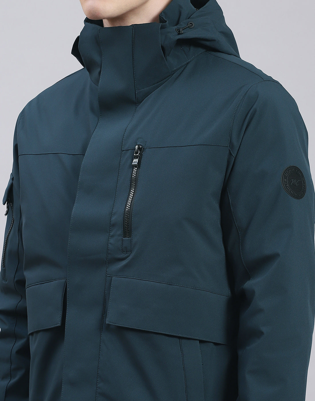 Men Teal Blue Solid Hooded Full Sleeve Jacket