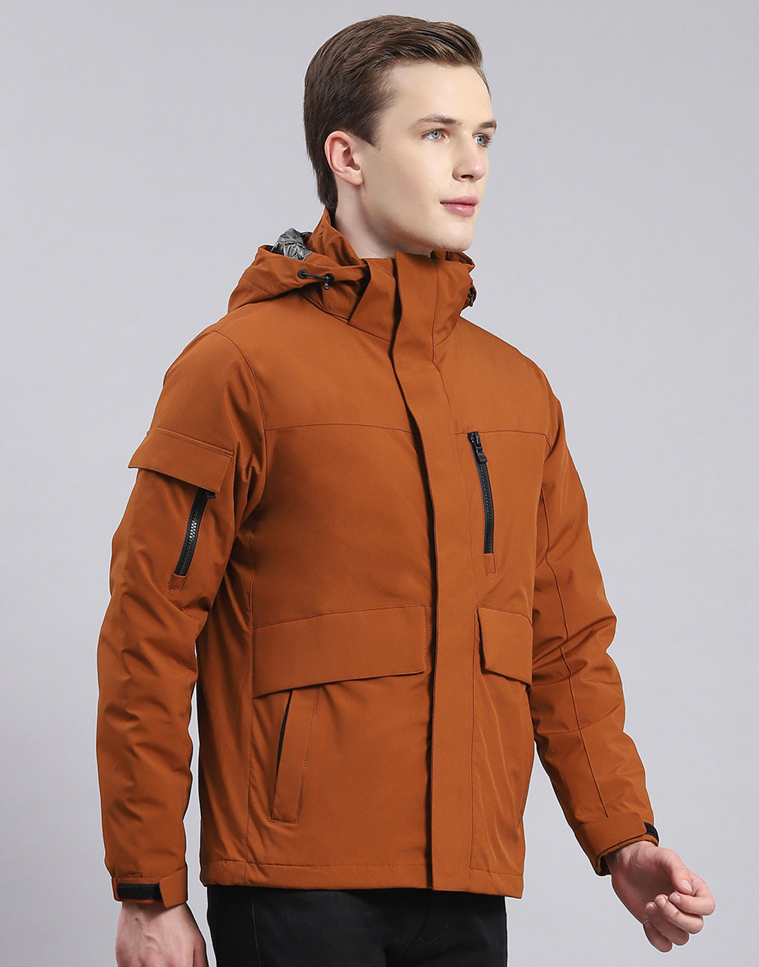 Men Brown Solid Hooded Full Sleeve Jacket