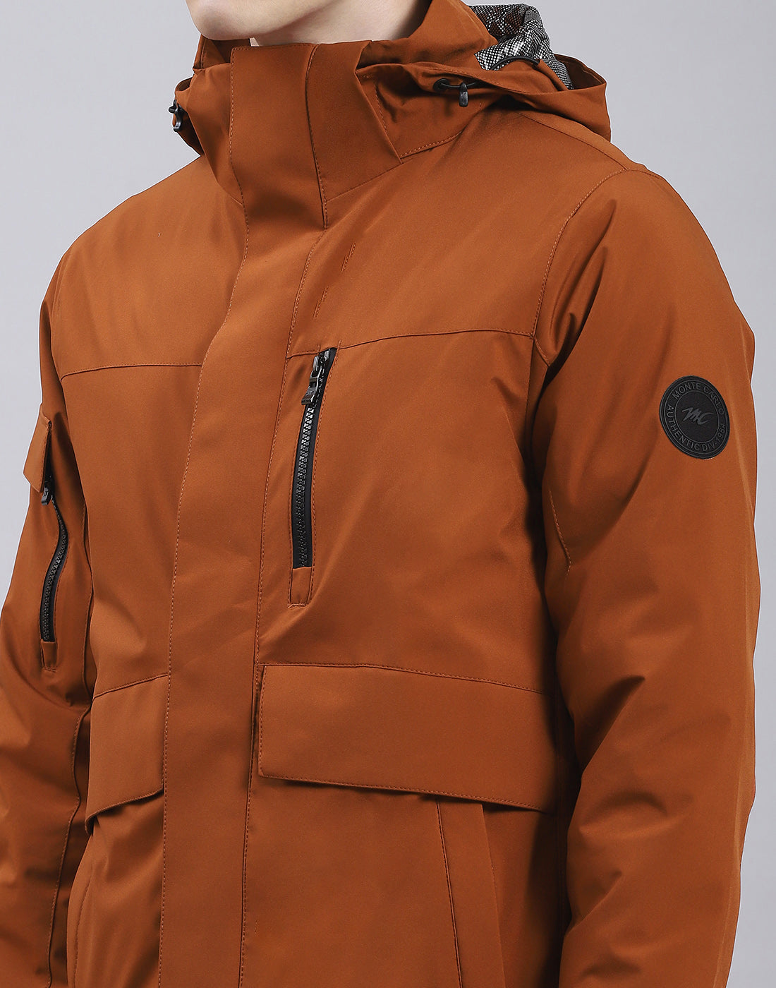 Men Brown Solid Hooded Full Sleeve Jacket
