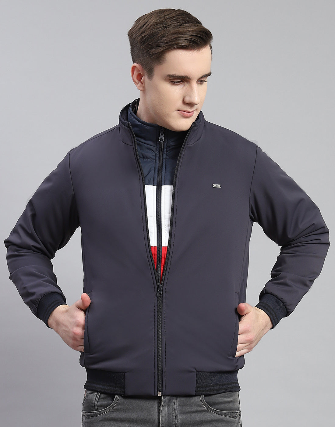 Men Grey Solid Stand Collar Full Sleeve Reversible Jacket - 2 Pc set