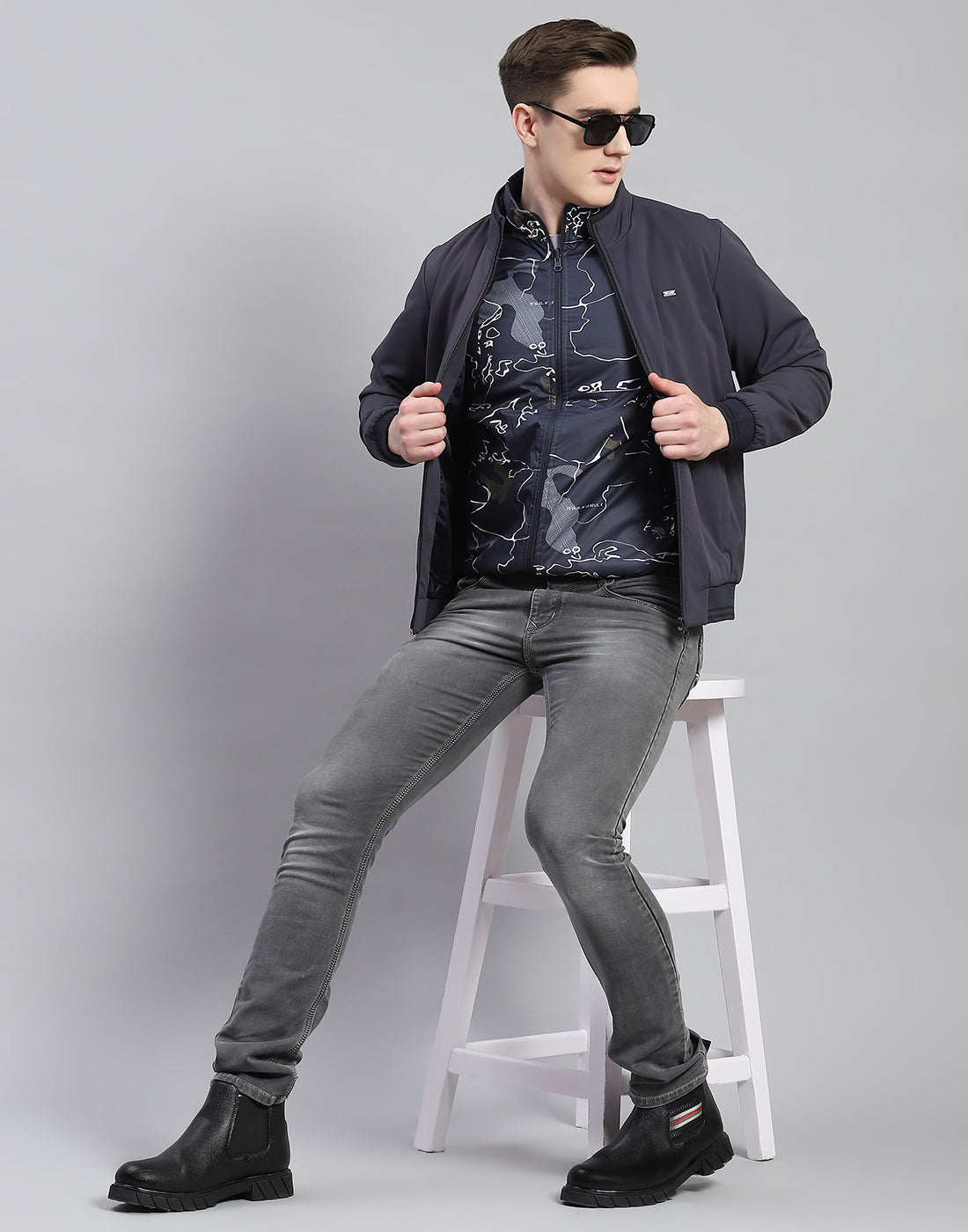 Men Grey Solid Stand Collar Full Sleeve Reversible Jacket - 2 Pc set