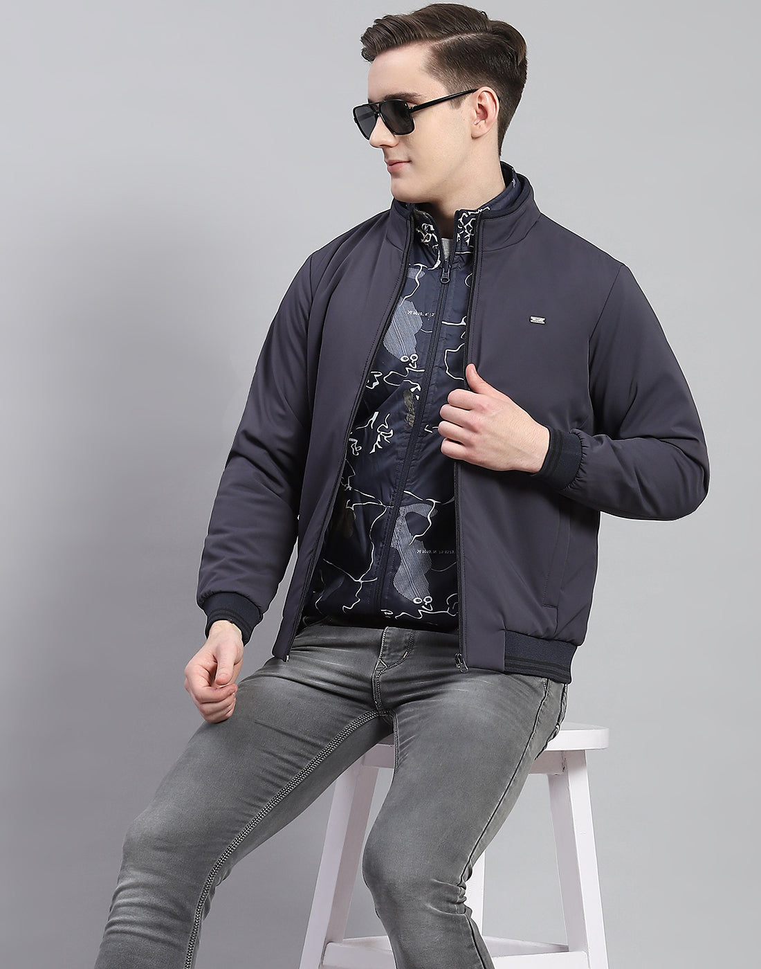 Men Grey Solid Stand Collar Full Sleeve Reversible Jacket - 2 Pc set