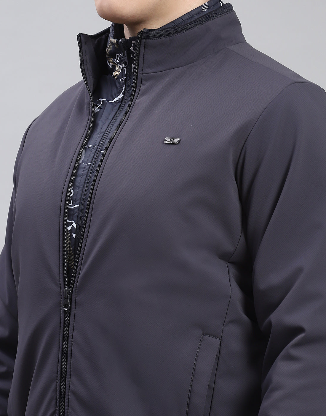 Men Grey Solid Stand Collar Full Sleeve Reversible Jacket - 2 Pc set