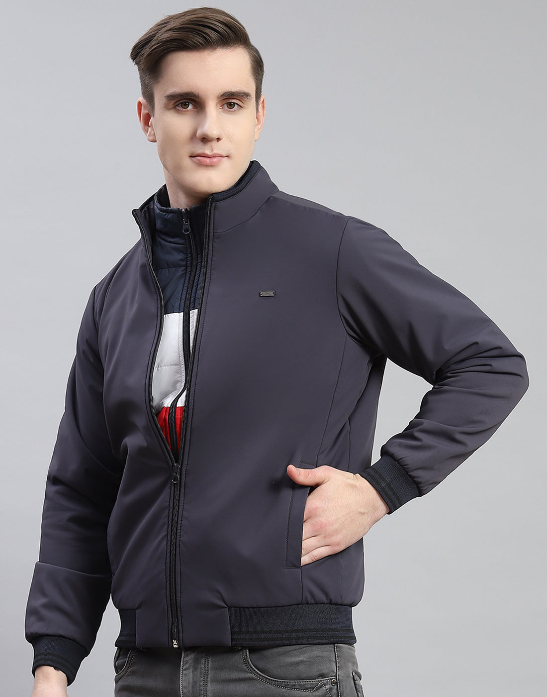 Men Grey Solid Stand Collar Full Sleeve Reversible Jacket - 2 Pc set