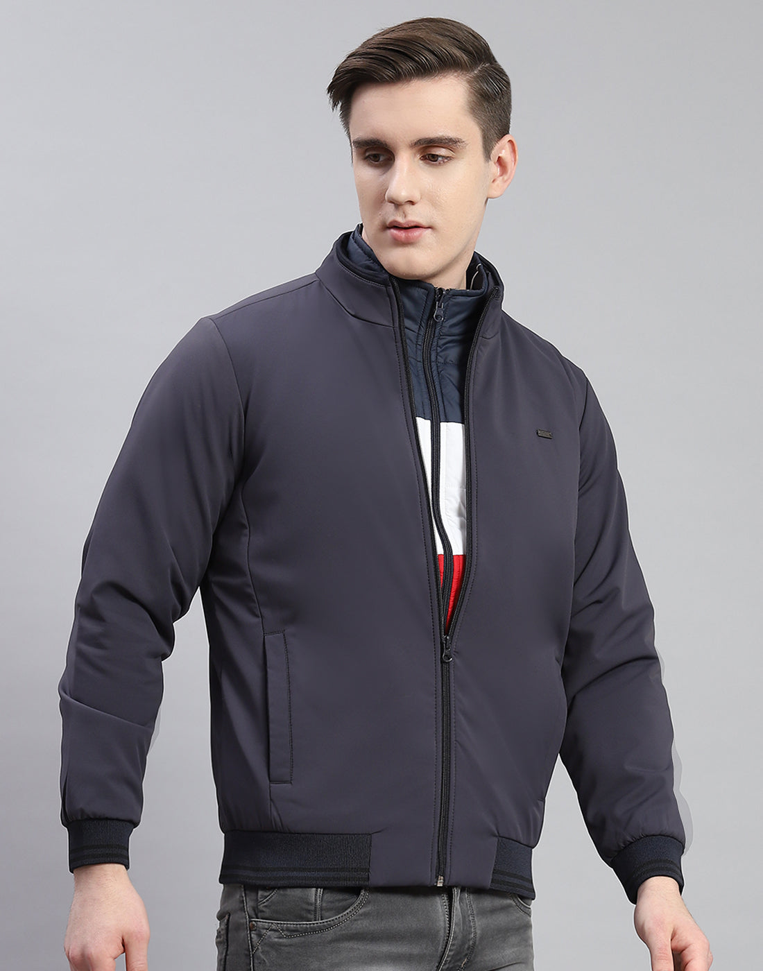 Men Grey Solid Stand Collar Full Sleeve Reversible Jacket - 2 Pc set