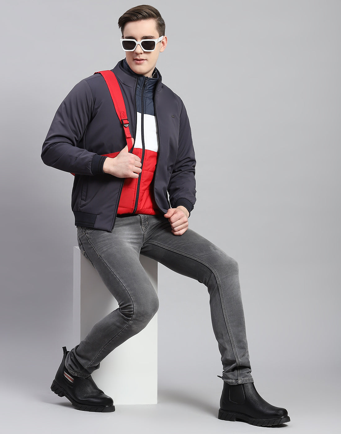 Men Grey Solid Stand Collar Full Sleeve Reversible Jacket - 2 Pc set