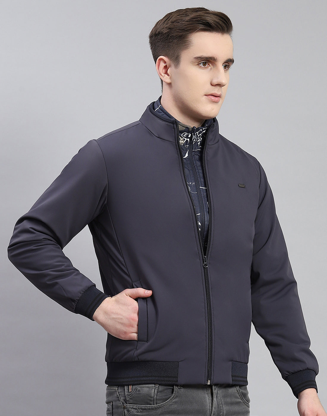 Men Grey Solid Stand Collar Full Sleeve Reversible Jacket - 2 Pc set