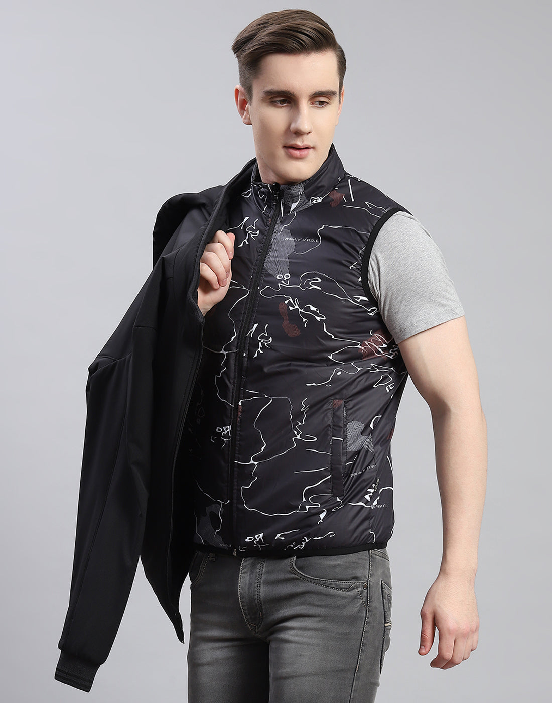 Men Black Solid Stand Collar Full Sleeve Reversible Jacket - 2 Pc set