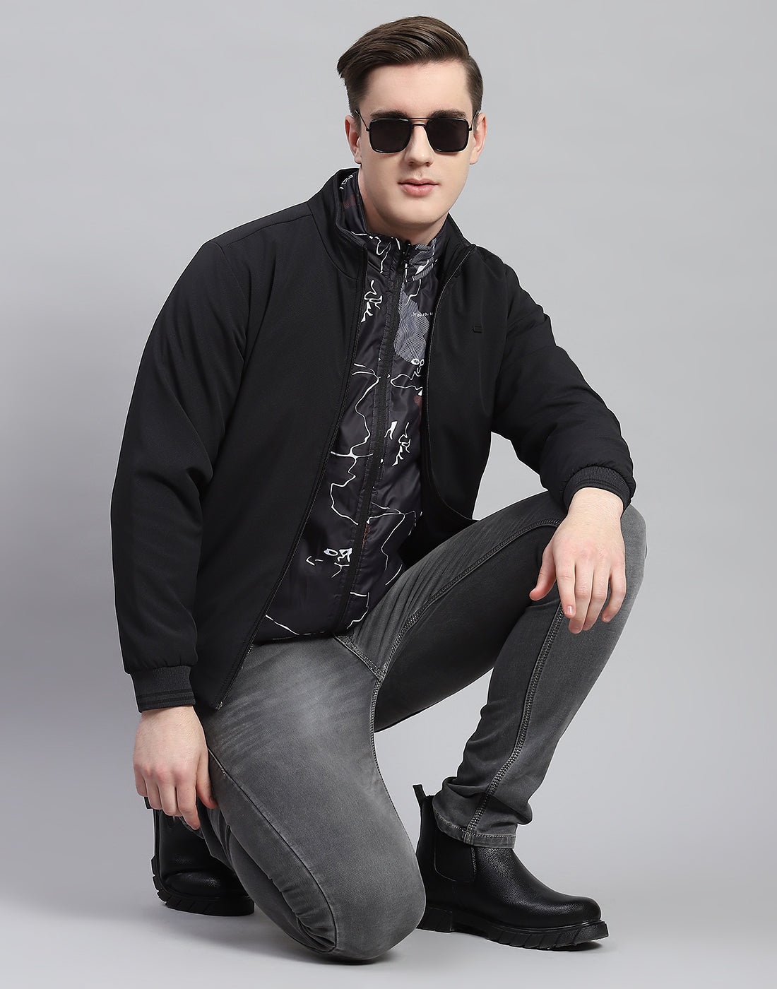 Men Black Solid Stand Collar Full Sleeve Reversible Jacket - 2 Pc set