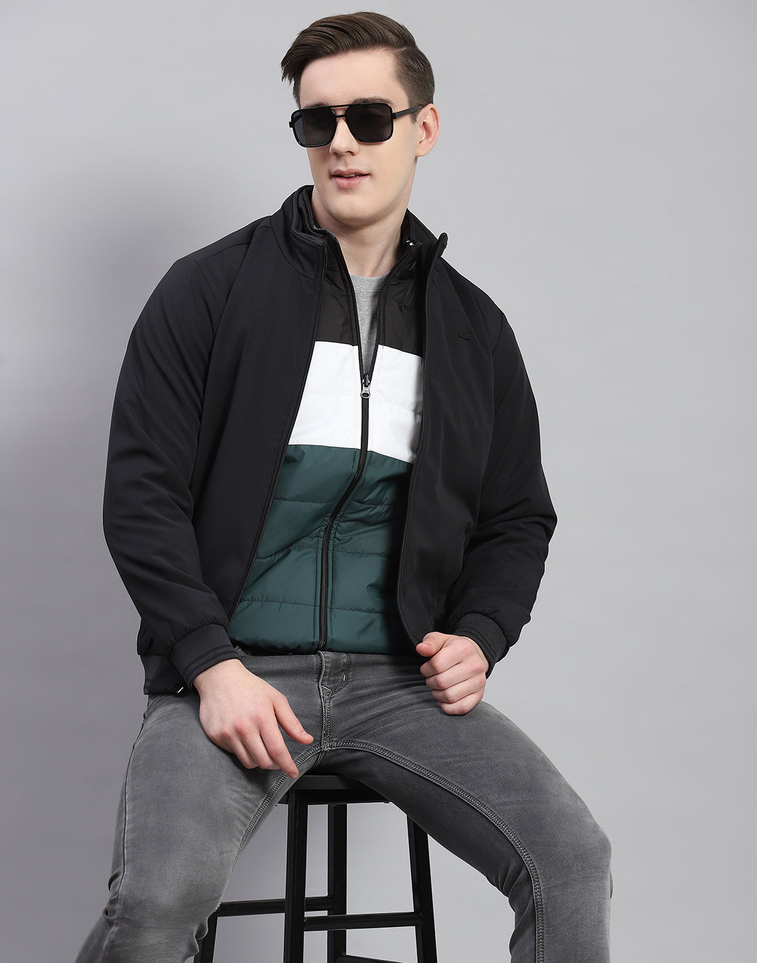 Men Black Solid Stand Collar Full Sleeve Reversible Jacket - 2 Pc set