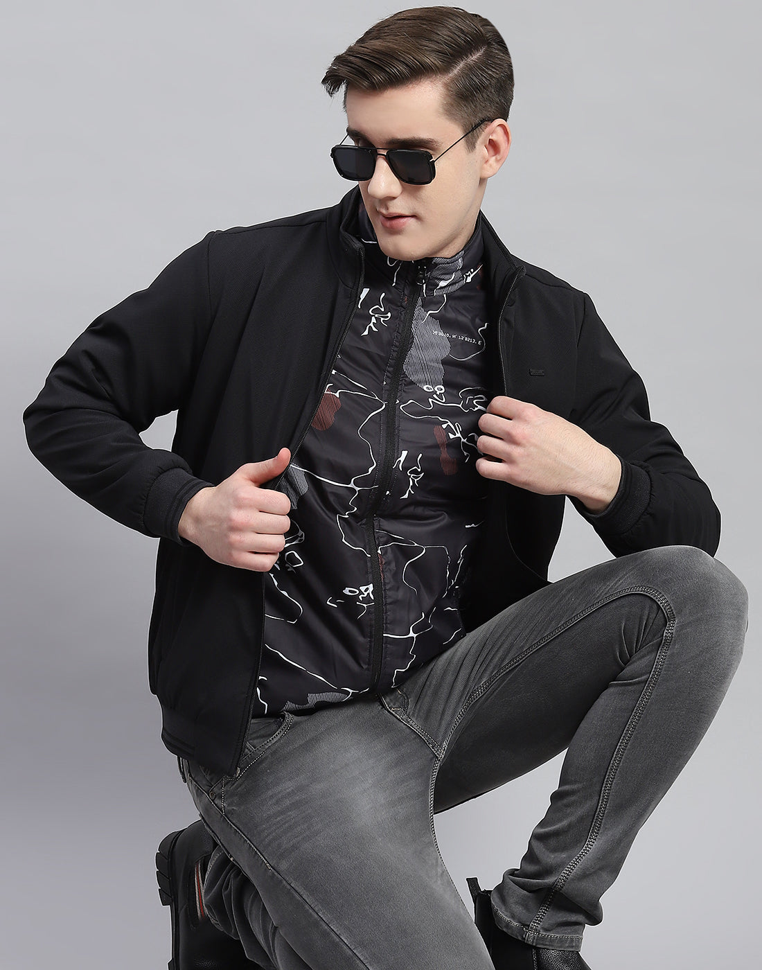 Men Black Solid Stand Collar Full Sleeve Reversible Jacket - 2 Pc set