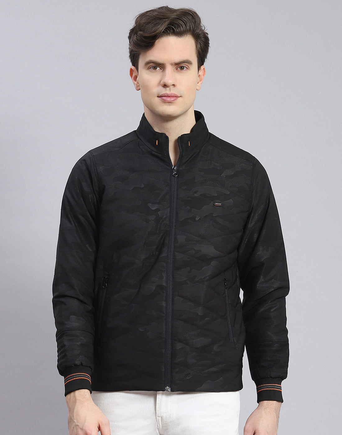 Men Black Solid Stand Collar Full Sleeve Jacket