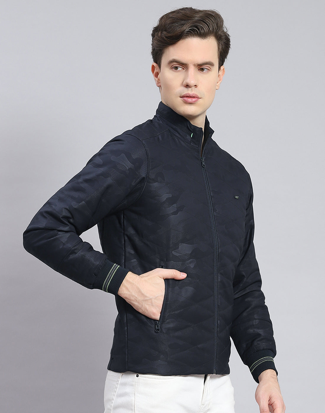 Men Navy Blue Solid Stand Collar Full Sleeve Jacket
