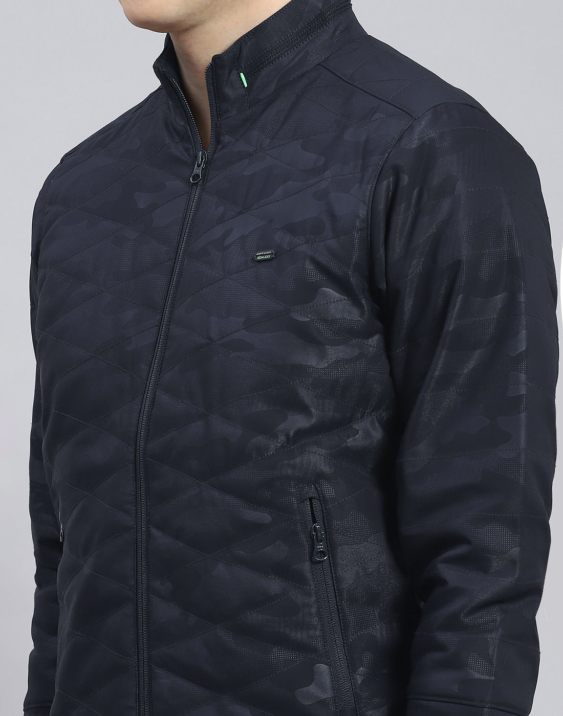 Men Navy Blue Solid Stand Collar Full Sleeve Jacket
