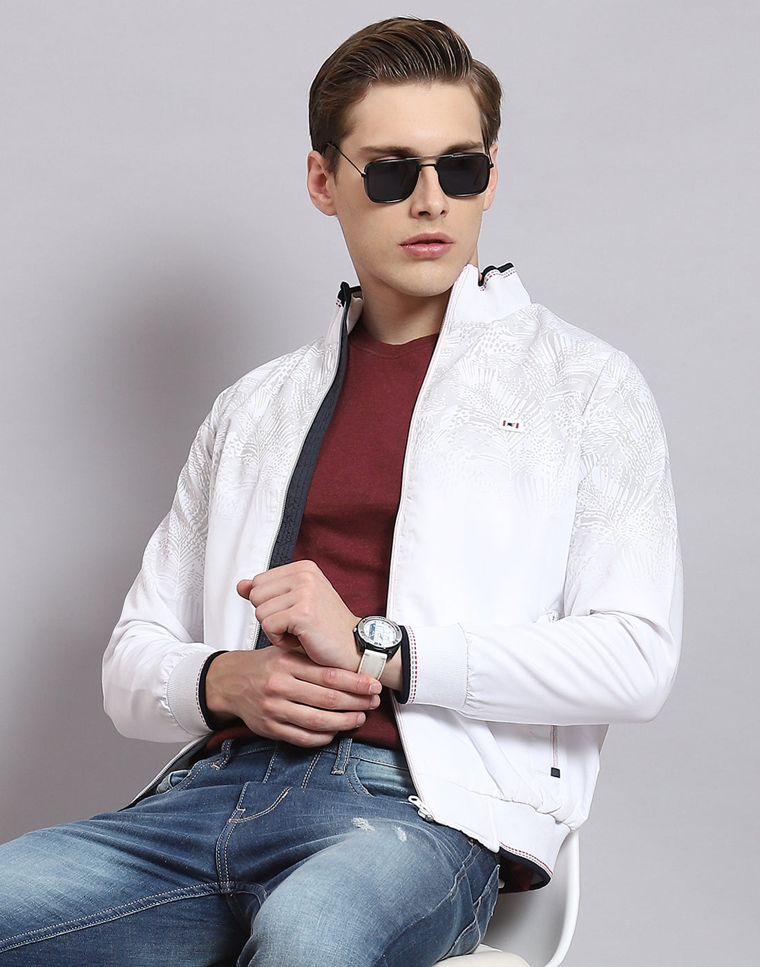 Men White Printed Stand Collar Full Sleeve Jacket