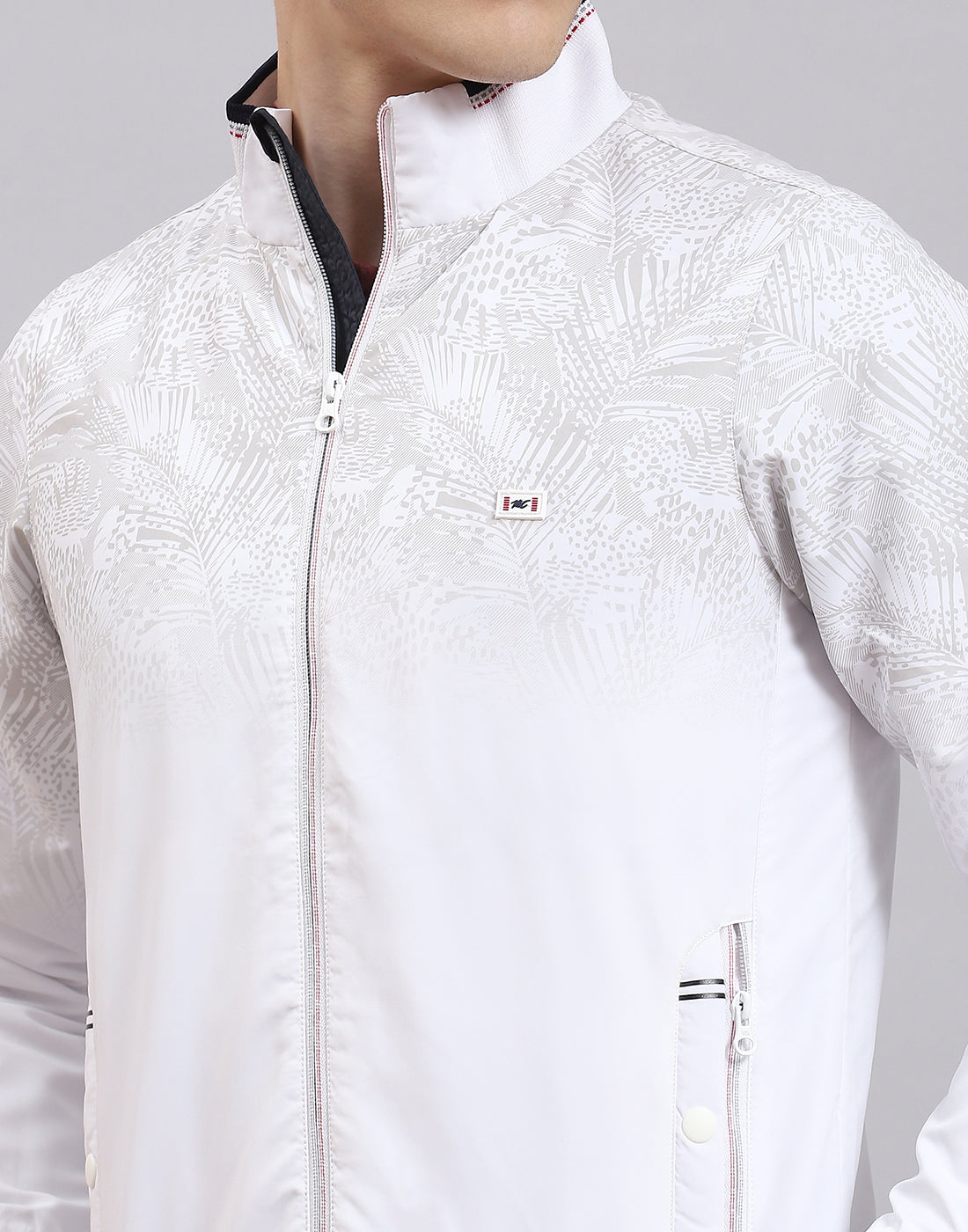 Men White Printed Stand Collar Full Sleeve Jacket