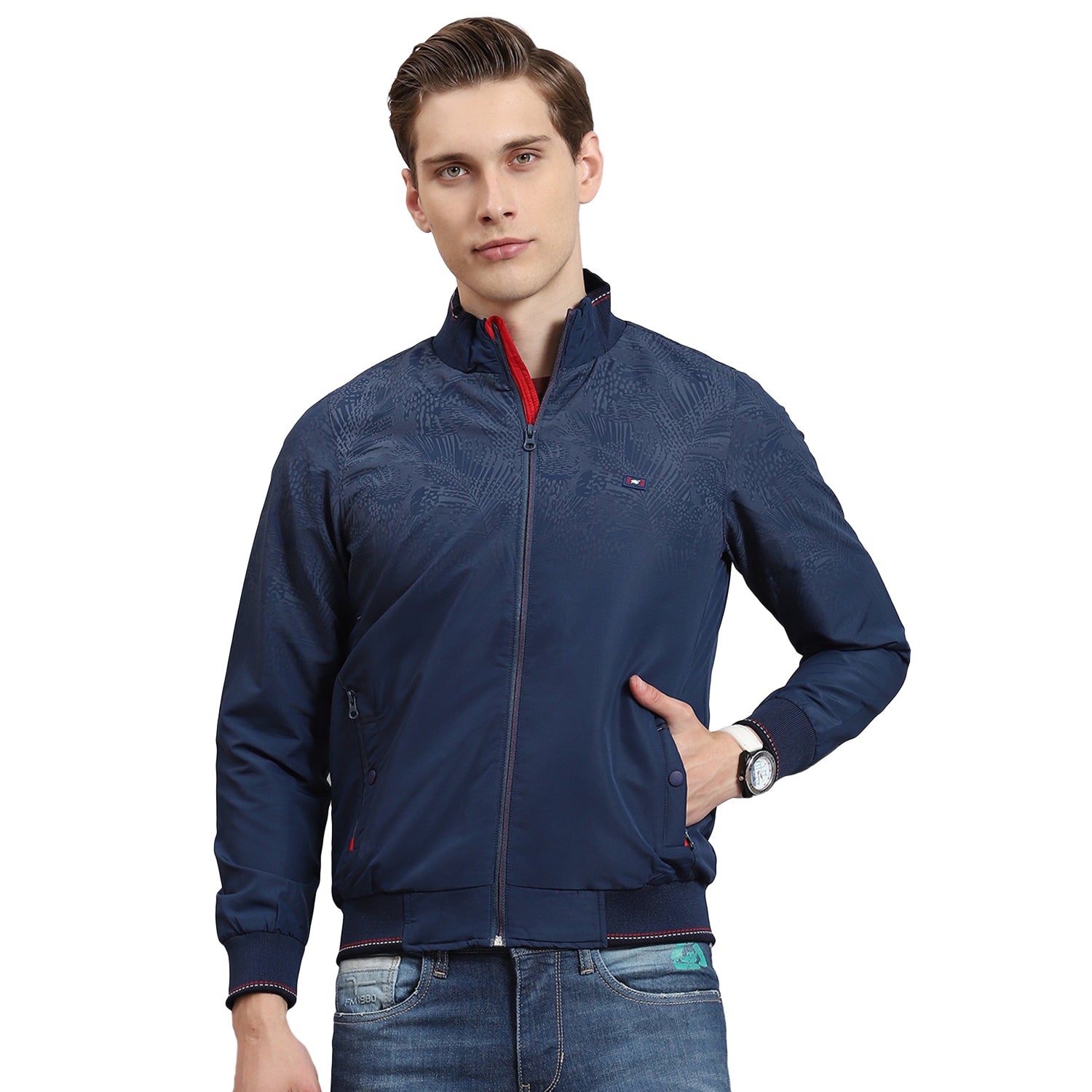 Men Navy Blue Printed Stand Collar Full Sleeve Jacket