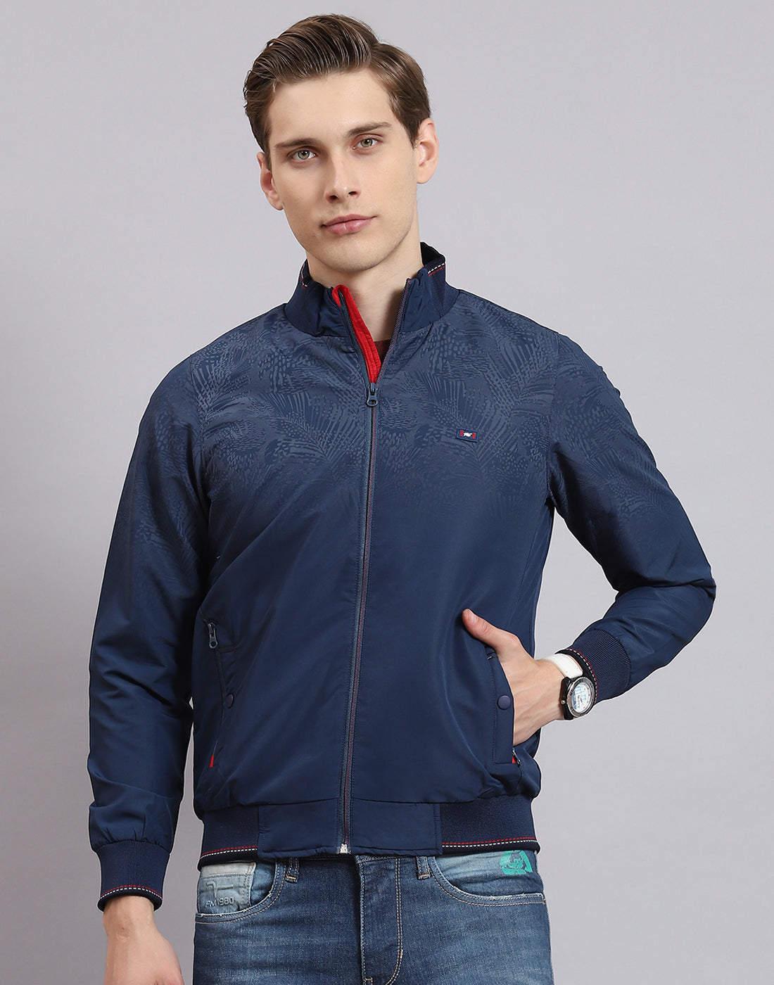 Men Navy Blue Printed Stand Collar Full Sleeve Jacket