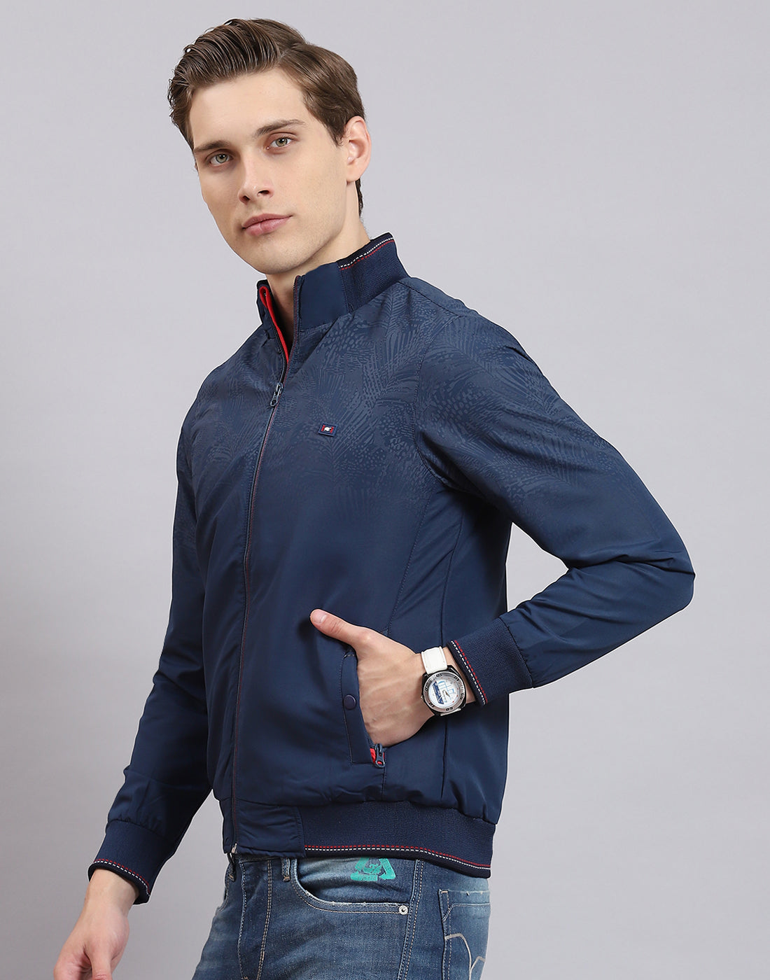 Men Navy Blue Printed Stand Collar Full Sleeve Jacket