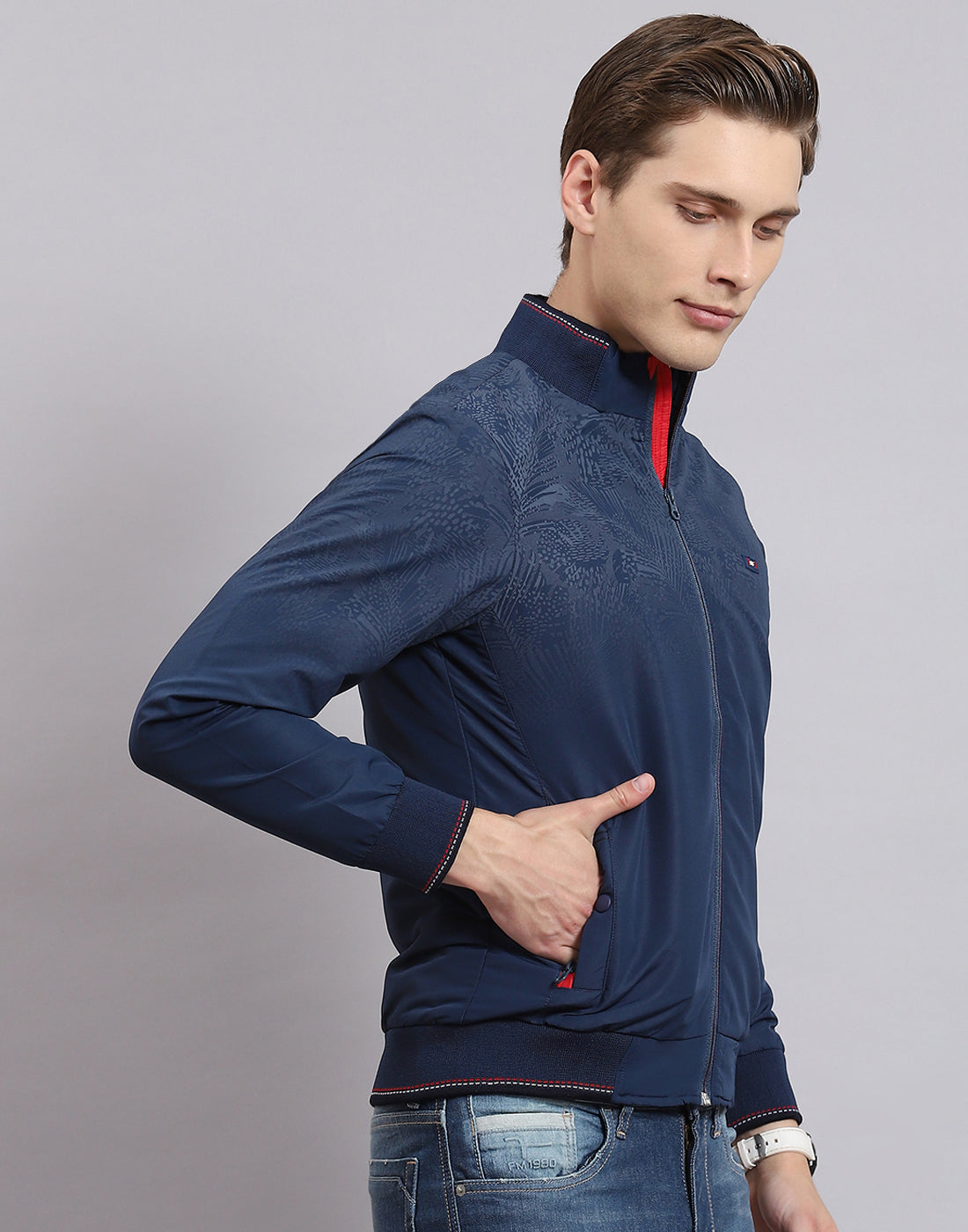 Men Navy Blue Printed Stand Collar Full Sleeve Jacket