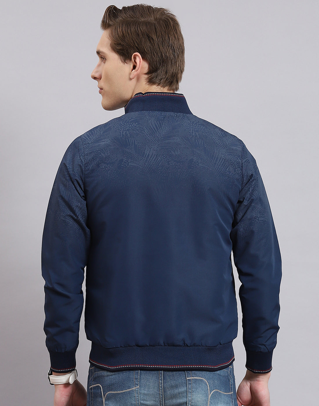 Men Navy Blue Printed Stand Collar Full Sleeve Jacket