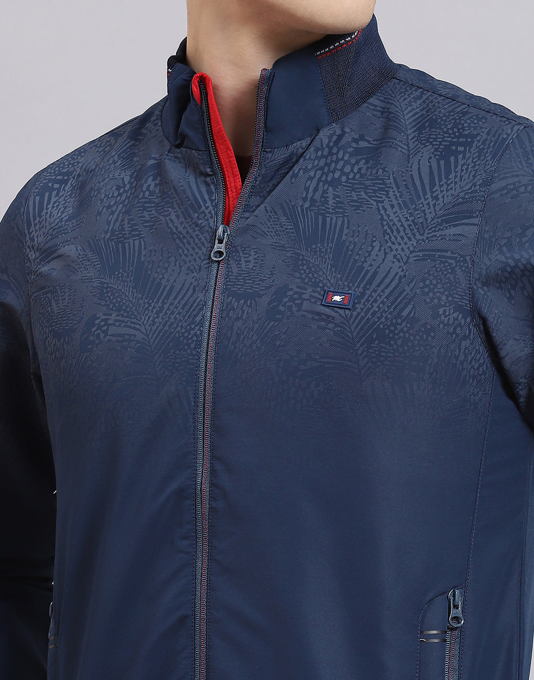 Men Navy Blue Printed Stand Collar Full Sleeve Jacket