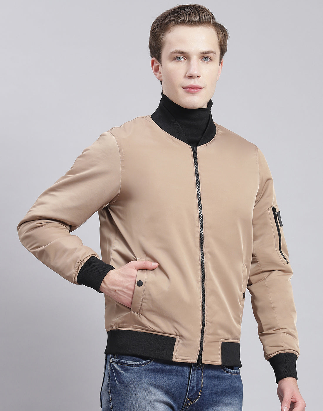 Men Beige Solid Stand Collar Full Sleeve Jacket