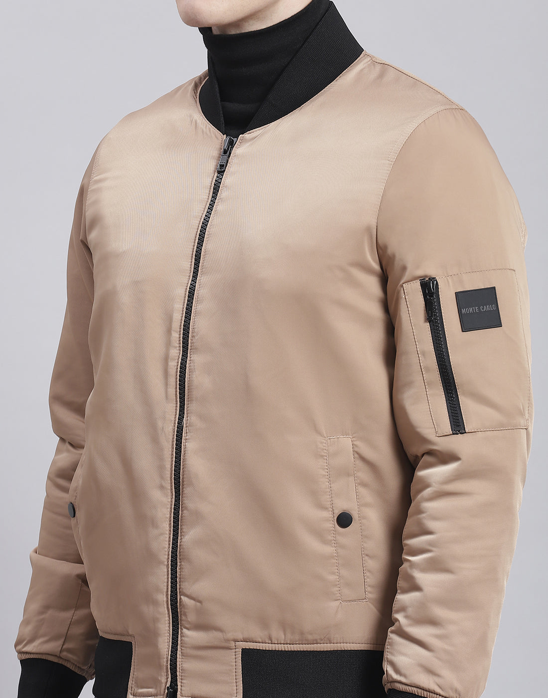 Men Beige Solid Stand Collar Full Sleeve Jacket