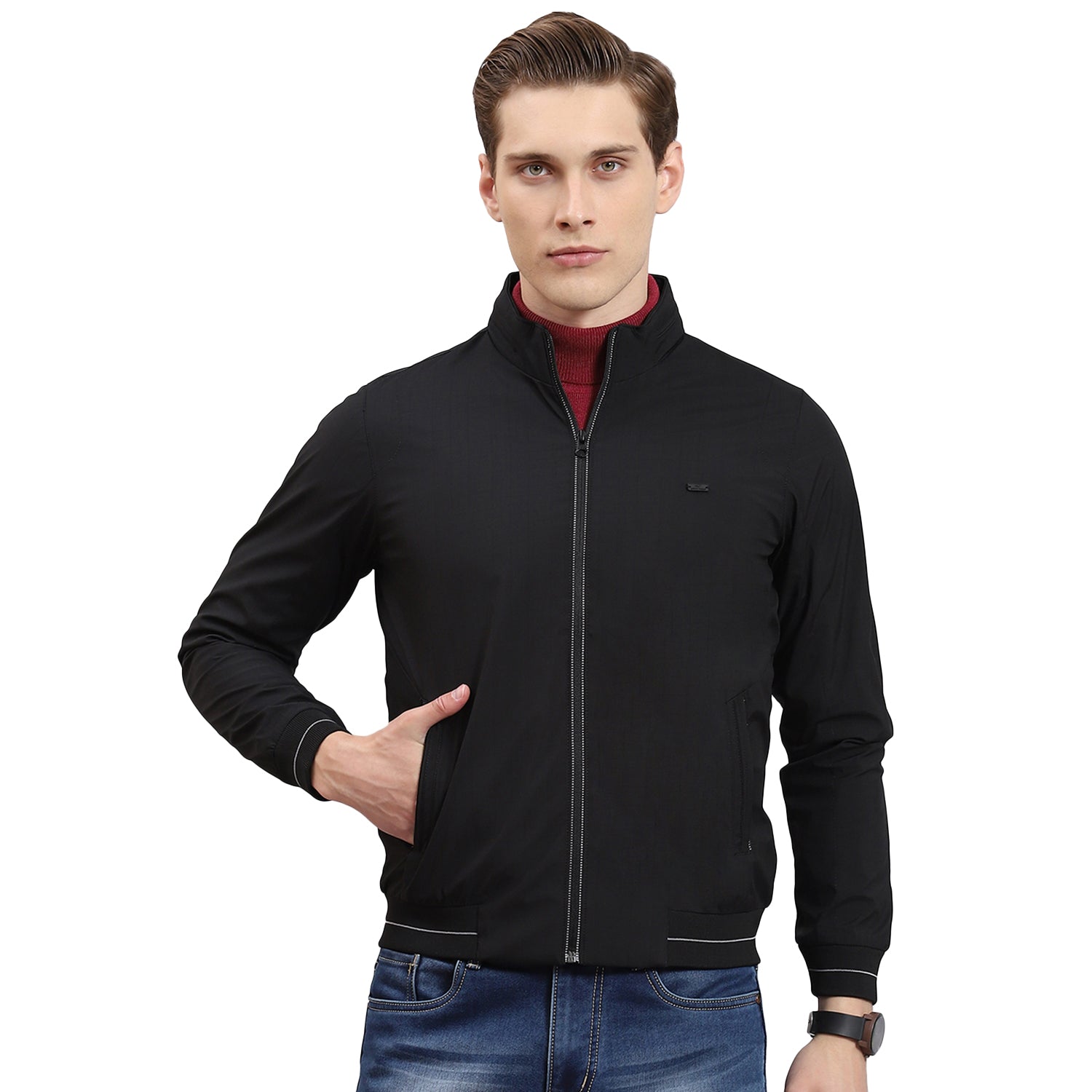 Men Black Printed Stand Collar Full Sleeve Jacket