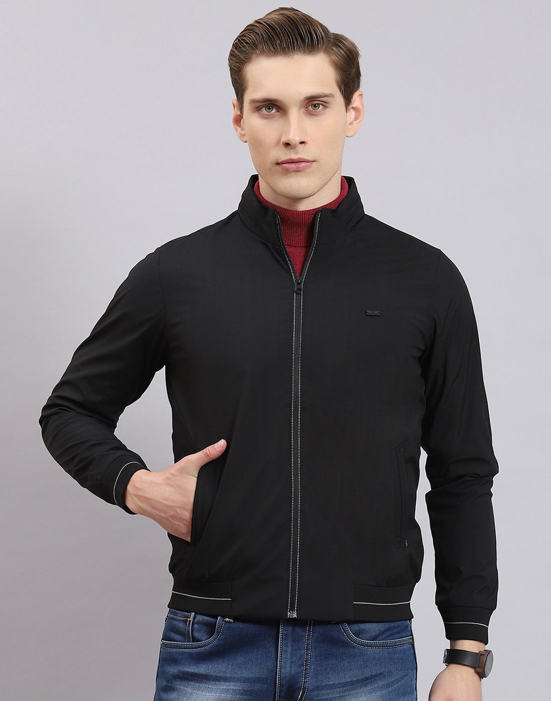 Men Black Printed Stand Collar Full Sleeve Jacket