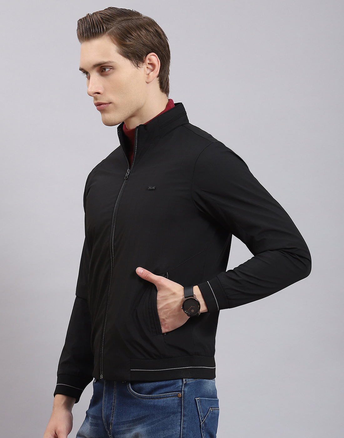 Men Black Printed Stand Collar Full Sleeve Jacket