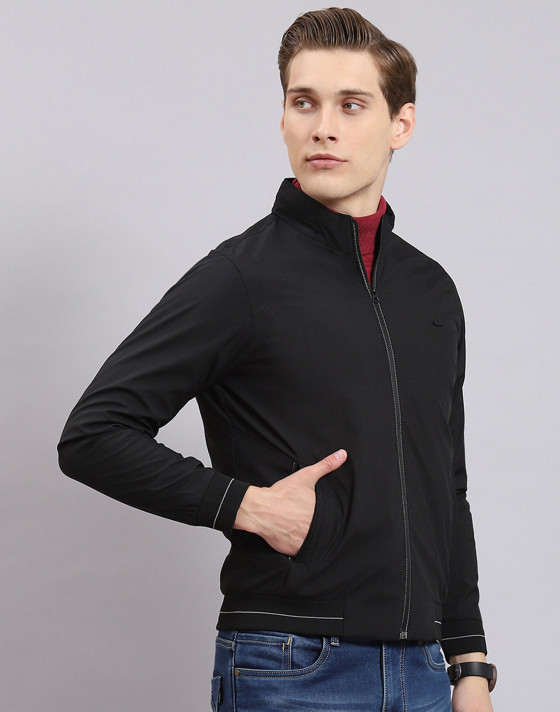 Men Black Printed Stand Collar Full Sleeve Jacket