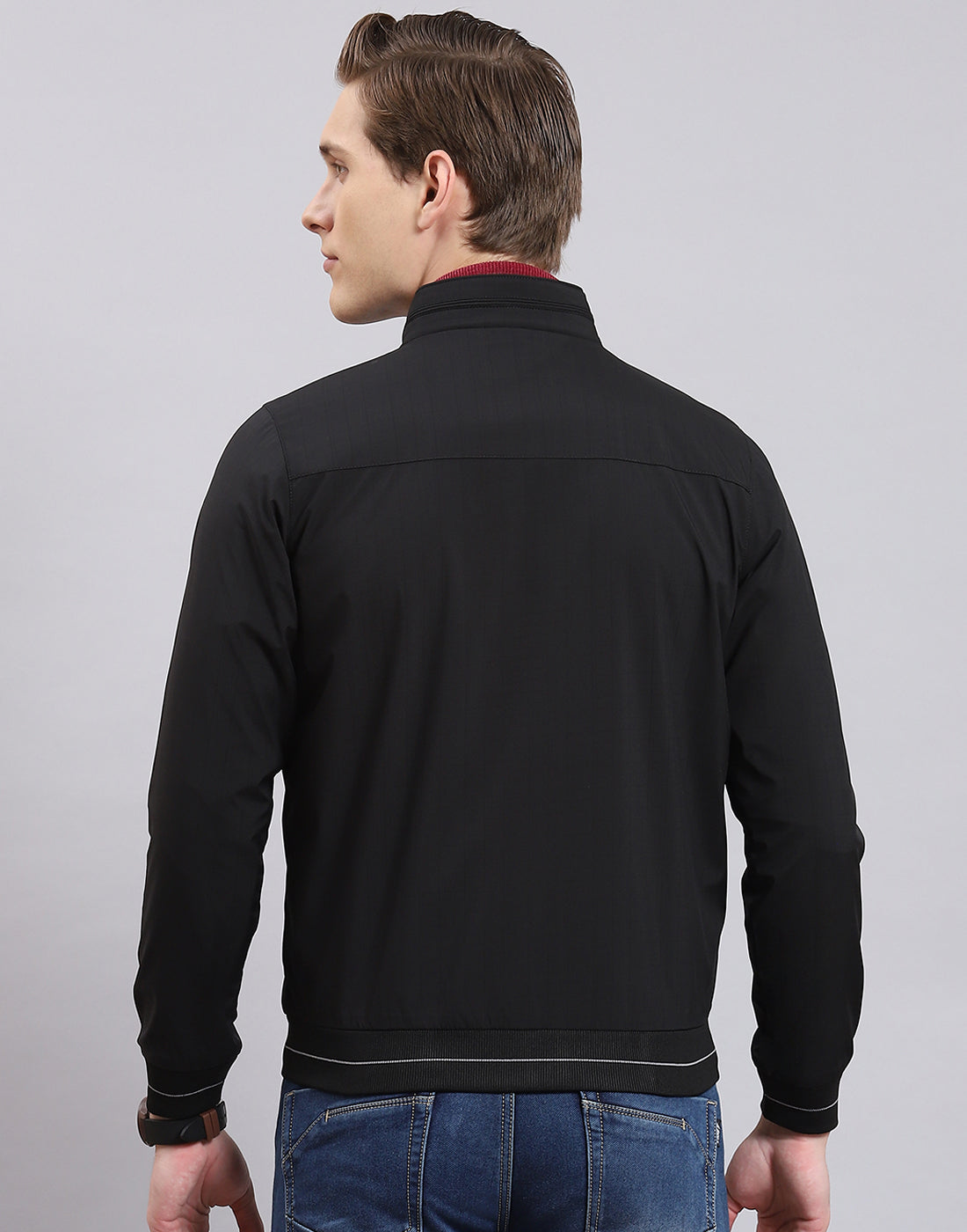 Men Black Printed Stand Collar Full Sleeve Jacket