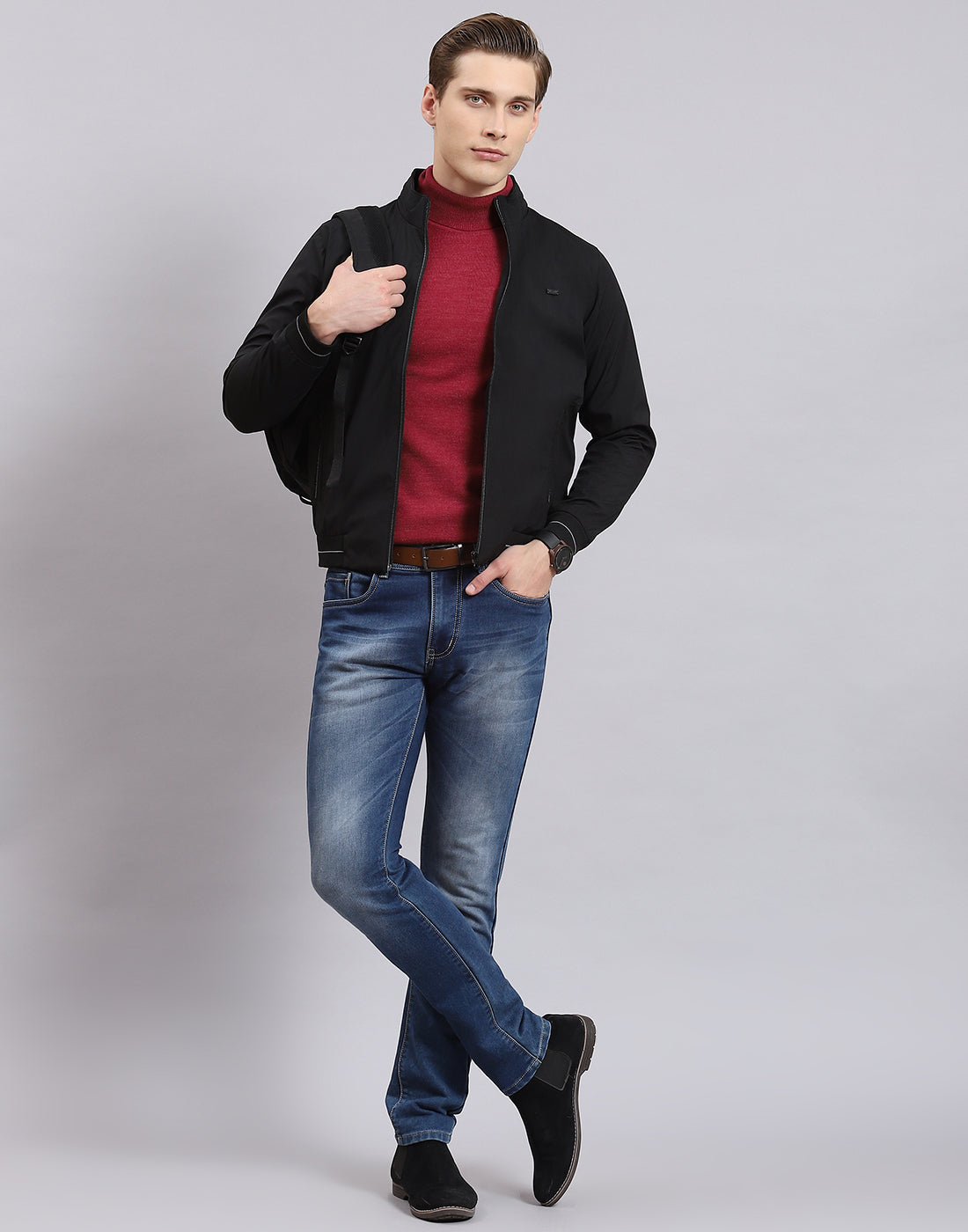 Men Black Printed Stand Collar Full Sleeve Jacket